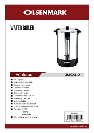 display image 9 for product Olsenmark Stainless Steel Water Boiler, 15L - Boil Dry Protection - Cool Touch Handles - Indicator