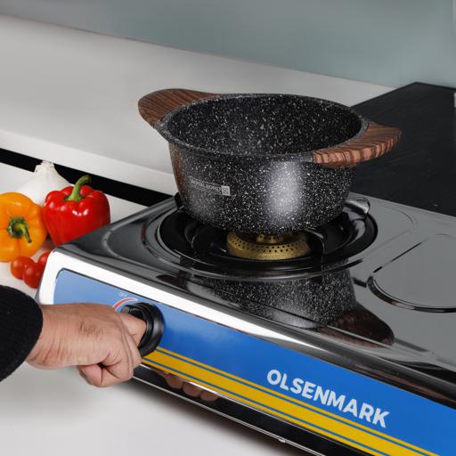 display image 4 for product Olsenmark OMK2316 Stainless Steel Double Burner Gas Stove - Auto Ignition - Cast Iron Golden Burner - Heat Resistant Enamel Pan Support