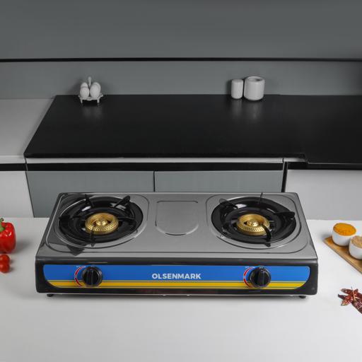 display image 2 for product Olsenmark OMK2316 Stainless Steel Double Burner Gas Stove - Auto Ignition - Cast Iron Golden Burner - Heat Resistant Enamel Pan Support