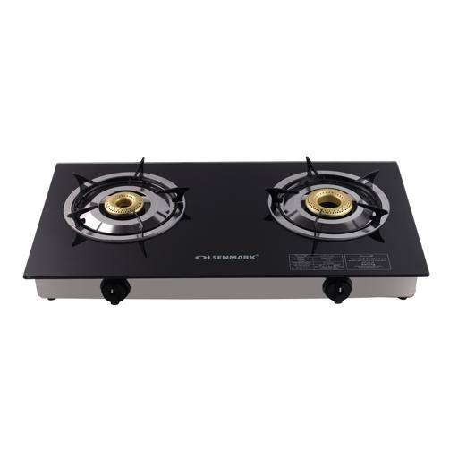 Olsenmark Tempered Glass Double Burner Gas Stove - Auto Ignition - Stainless-Steel Drip Pan - Cast hero image