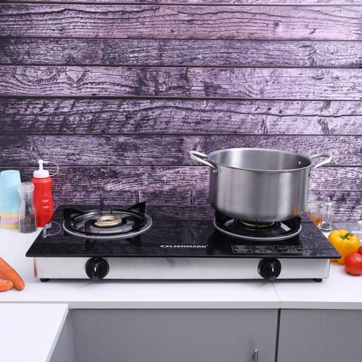 display image 2 for product Olsenmark Tempered Glass Double Burner Gas Stove - Auto Ignition - Stainless-Steel Drip Pan - Cast