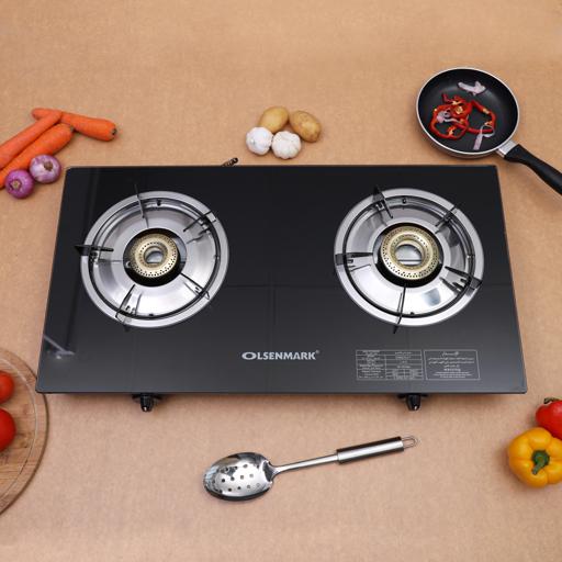 display image 4 for product Olsenmark Tempered Glass Double Burner Gas Stove - Auto Ignition - Stainless-Steel Drip Pan - Cast