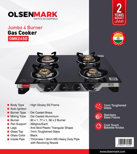 display image 8 for product 4 Burner Gas Cooker 7mm Tempered Glass Top - Brass Burner - Auto-Ignition - Thick Pan Support | Bakelite Knobs | Low Gas Consumption | 2 Years Warranty-Olsenmark