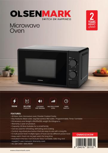 display image 14 for product Olsenmark OMMO2343 Manual Microwave Oven, 20L Capacity, 700W | Multiple Power Level - End Cooking Signal - Glass Turntable Tray - Cooking timer - Defrost Function - Glass & SPCC Material 