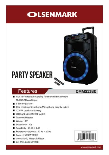 display image 11 for product Olsenmark Party Speaker with USB, SD Card, FM, Aux-in | Remote Control | One Wireless Microphone | 5 Band Equalizer | LED Lights | Flashing Disco Lights & Strobe, TWS | 2 Years Warranty