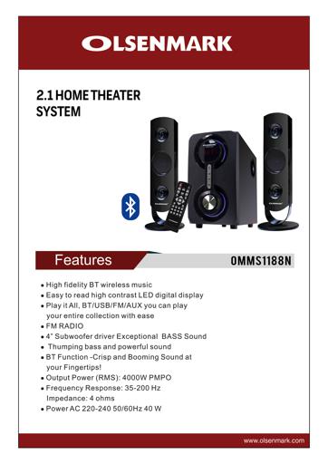 display image 8 for product Multimedia Speaker 2.1 with USB, SD, FM, Bluetooth, and Remote - Olsenmark High Power Speaker with Multi-Color LED Lights