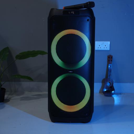 display image 1 for product Rechargeable Party Speaker, LED Flashing Lights, OMMS1295 | BT/FM/USB/TF Card | LED Display, MIC, Remote Control | 120000 PMPO | Rechargeable Karaoke Machine