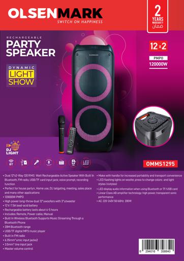 display image 13 for product Rechargeable Party Speaker, LED Flashing Lights, OMMS1295 | BT/FM/USB/TF Card | LED Display, MIC, Remote Control | 120000 PMPO | Rechargeable Karaoke Machine
