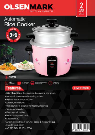 display image 7 for product Olsenmark OMRC2350 Rice Cooker, 0.6L - 3 In 1 - Tempered Glass Lid - Keep Warm Function - Water Level Indicator