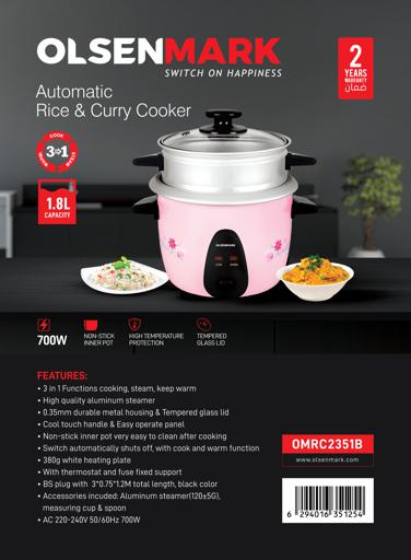 Olsenmark OMRC2351 Rice Cooker, 1.8L  3 In 1 - Keep Warm Function -  Detachable Power Cord - Water level Indicator - Steam Tray ,Rice Scoop &  Measuring Cup - One Touch Operation