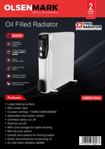 display image 11 for product Oil Filled Radiator, 13 Fins Heating Radiator, OMRH1843 | Adjustable Thermostat | Overheat Protection, Thermal Cut-Off, Tip-Over Switch | Portable Radiator with Handle & Wheels