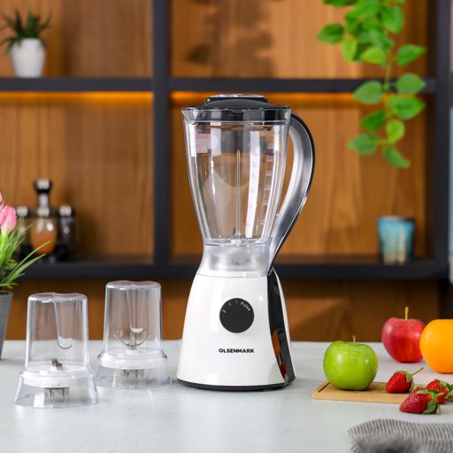 display image 1 for product Olsenmark OMSB2203 550W 3 in 1 Multifunctional Blender - Stainless Steel Blades, 4Speed Control with Pulse - 1.5L Jar, Over Heat Protection - ChopperGrinder & Smoothie Maker - 1.2M Cord