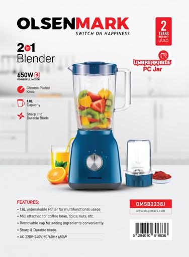 display image 9 for product Olsenmark 2-In-1 Blender 400W- 1.5L & 0.2L, Dry Blending Jar - 2 Speed with Pulse | Stainless Steel Blades | Safety Interlock | Ideal for Smoothies, Juice, Milkshakes & More