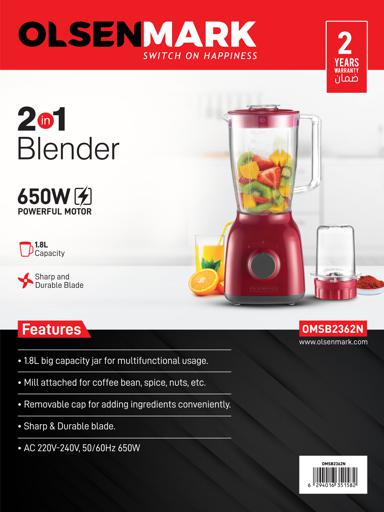 display image 14 for product Olsenmark OMSB2362 300W 2 in 1 Multifunctional Blender - Stainless Steel Blades, 2Speed Control with Pulse - 1.5L Jar, Over Heat Protection -  Ice Crusher, Chopper, Coffee Grinder & Smoothie Maker