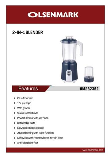 display image 4 for product Olsenmark 300W 2 In 1 Multifunctional Blender - Stainless Steel Blades, 2Speed Control With Pulse