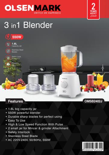 display image 17 for product 3-in-1 Blender, 550W Power, OMSB2402J | Multifunctional Blender-Stainless Steel Blades, Adjustable Speed Control with Pulse | 1.6L Capacity Jar | Safety Lock Protection