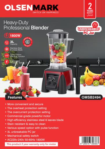 display image 11 for product Heavy-Duty Professional Blender, 1800W Power, OMSB2494 - Speed Option with Pulse Function, Over-Current Protection Setting, Commercial-Grade Powerful Motor, 3L Unbreakable PC Jar