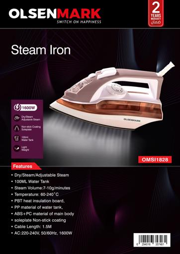 display image 10 for product Steam Iron,1600W, Lightweight,100ml Water Tank, OMSI1828 - Dry/Steam Adjustable Steam, Non-Stick Coating Soleplate, 1.5 M Power Cord, Water Spray, Vertical Steam Iron