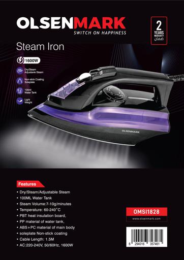 display image 7 for product Steam Iron, 1600W, Lightweight, 100ml Water Tank, OMSI1828 - Dry/Steam Adjustable Steam, Non-Stick Coating Soleplate, 1.5 M Power Cord, Water Spray, Vertical Steam Iron