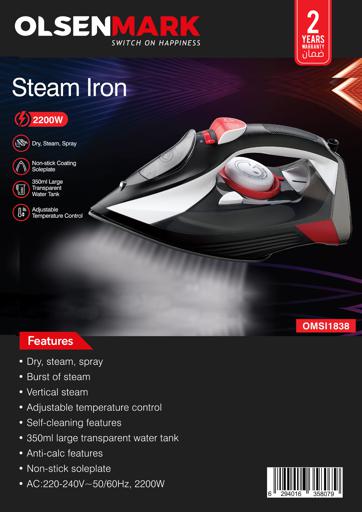 display image 9 for product Steam Iron, 2200W Steam Iron with 350ml Water Tank, OMSI1838 | Dry, Steam, Spray | Vertical Steam | Adjustable Temperature Control | Self-Cleaning | Ceramic Soleplate