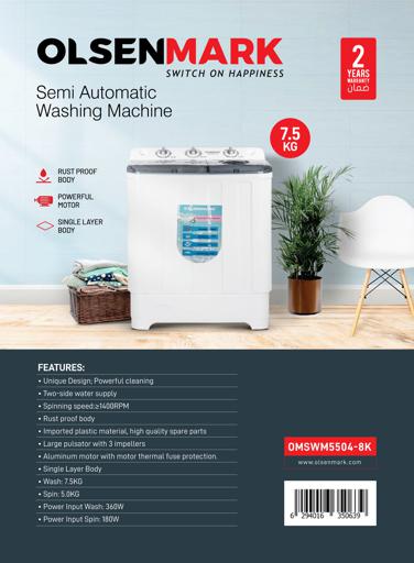 display image 10 for product Olsenmark Twin Tub Semi Automatic Washing Machine, 8Kg - Double Water Inlet Wash & Dryer - Spinning