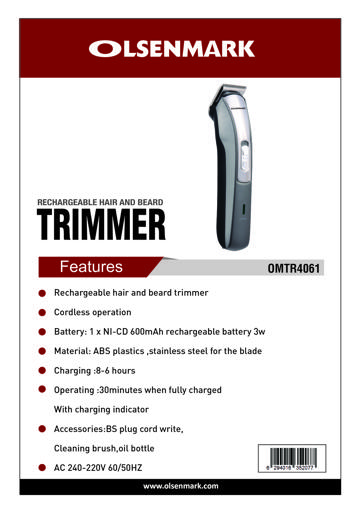 display image 10 for product Olsenmark Rechargeable Hair & Beard Trimmer - Cordless Trimmer - Mens Beard And Stubble Trimmer