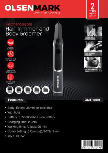 display image 12 for product Rechargeable Hair Trimmer/Body Groomer with Light, OMTR4091 | Stainless Steel Blade | Lithium Battery | 90mins Working | 5 Combs | Cordless Hair Clippers, Grooming Kit with Extendable Handle