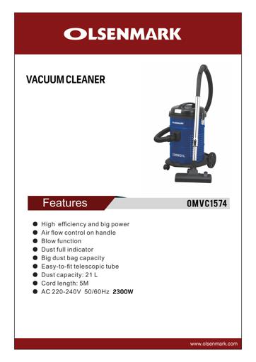 display image 12 for product Olsenmark Drum Vacuum Cleaner, 2400W - Air Flow Control On Handle - Blow Function - Dust Full Indicator