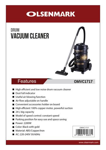 display image 11 for product Drum Vacuum Cleaner, Highly Efficient & Low Noise, OMVC1717 | 24L Big Capacity | Dust Full Indicator | Parking Position | Air Blower Function | Air Flow Control on Handle