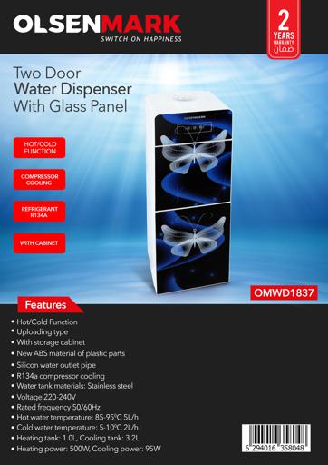 display image 15 for product Two Door Water Dispenser with Glass Panel, OMWD1837 - Hot/Cold Function, Compressor Cooling, Refrigerant R134A, With Cabinet, With Storage Cabinet