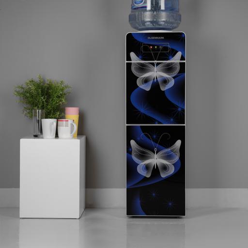 display image 1 for product Two Door Water Dispenser with Glass Panel, OMWD1837 - Hot/Cold Function, Compressor Cooling, Refrigerant R134A, With Cabinet, With Storage Cabinet