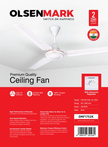 display image 3 for product Olsenmark Ceiling Fan - Double Ball Bearing - Powerful 80W Motor - 290Rpm Speed - 3X3 Capacitor