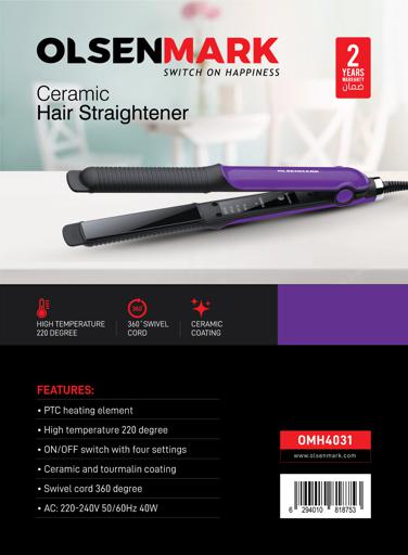 display image 8 for product Olsenmark OMH4031 Ceramic Hair Straightener - Easy Pro-Slim Hair Straightener -Max Temperature 220C -ON/OFF Switch with Indicator Light & PTC Heating Element, 30W  - 360 Swivel Cord