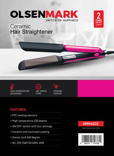 display image 8 for product Olsenmark OMH4032 Ceramic Hair Straightener - Easy Pro-Slim Hair Straightener -Max Temperature 220C -ON/OFF Switch with Indicator Light & PTC Heating Element, 30W  - 360 Swivel Cord