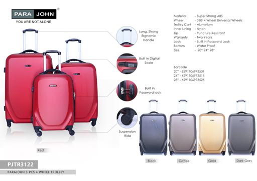 Parajohn 3 Pcs Travel Luggage Suitcase - Trolley Bag, Carry On