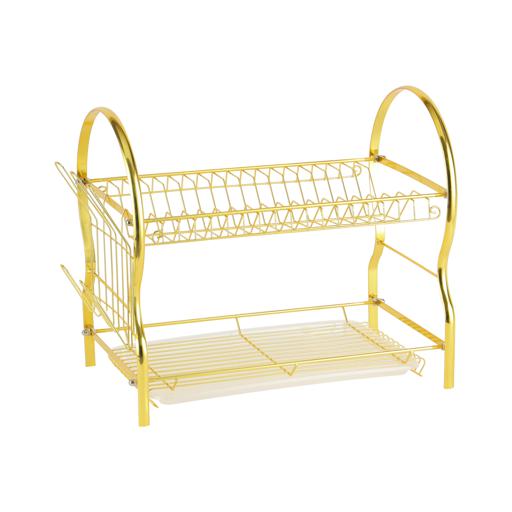 display image 0 for product 2-Layer Goldy Dish Rack, Convenient Moving, RF10150 | Durable Gold Finish Iron Construction | Holds 17 Plates | Cutlery, Glass/Cup Holder | Compact Design | Attached PP Drain Board