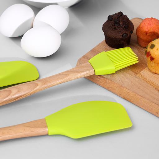 Set of 3 Silicone kitchen utensils beige Spatula mixing spoon brush wood  handle