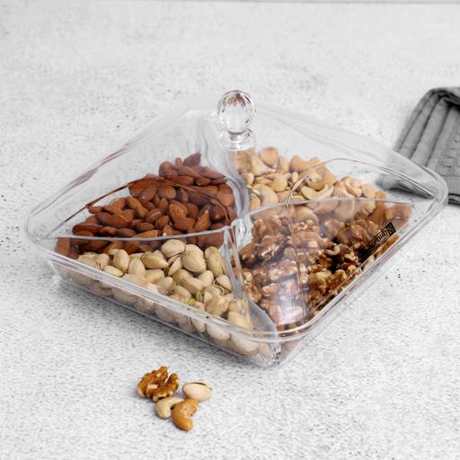 display image 2 for product Square Acrylic Candy Tray, 4 Compartment Design, RF10338 | Beautiful Centerpiece with Transparent Lid | Appetizers Food Tray for Dried Fruits, Nuts, Candies, Salad