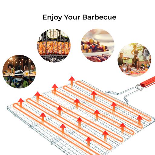 display image 9 for product Barbeque Grill, Chromium Plated Iron Construction, RF10371 | Folding Portable BBQ Grill Basket for Fish, Vegetables, Shrimp with Removable Heat Resistant Wooden Handle