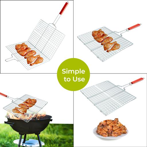 display image 8 for product Barbeque Grill, Chromium Plated Iron Construction, RF10371 | Folding Portable BBQ Grill Basket for Fish, Vegetables, Shrimp with Removable Heat Resistant Wooden Handle