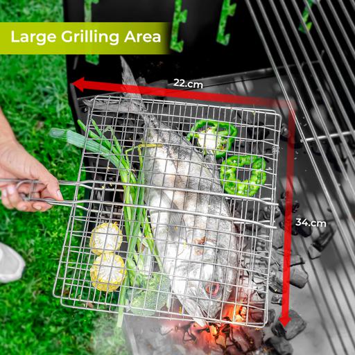 display image 6 for product Barbeque Grill, Chromium Plated Iron Construction, RF10371 | Folding Portable BBQ Grill Basket for Fish, Vegetables, Shrimp with Removable Heat Resistant Wooden Handle
