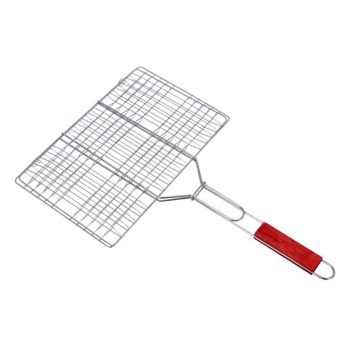 display image 0 for product Barbeque Grill, Chromium Plated Iron Construction, RF10371 | Folding Portable BBQ Grill Basket for Fish, Vegetables, Shrimp with Removable Heat Resistant Wooden Handle