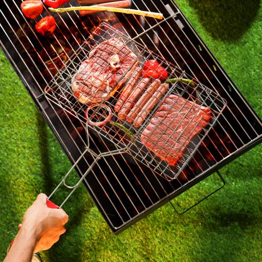 display image 3 for product Barbeque Grill, Chromium Plated Iron Construction, RF10371 | Folding Portable BBQ Grill Basket for Fish, Vegetables, Shrimp with Removable Heat Resistant Wooden Handle