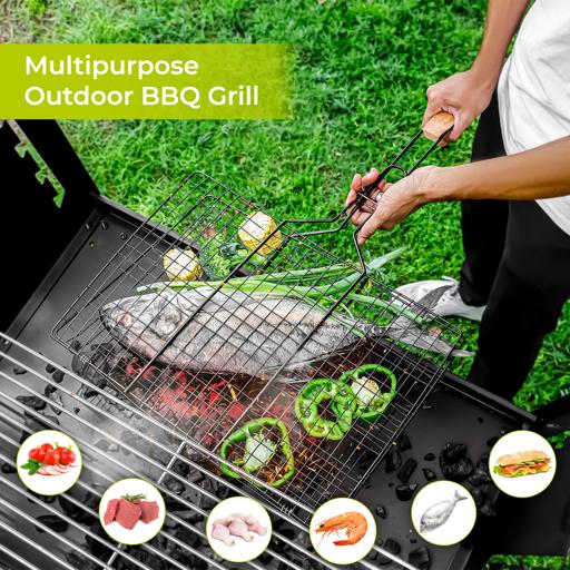 display image 5 for product Barbeque Grill Chromium Plated Iron RF10374 - Wooden Handle, Folding Portable BBQ Grill Basket for Fish Vegetables Shrimp, Larger Grilling Area