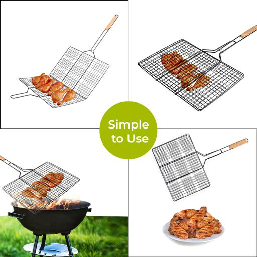 display image 6 for product Barbeque Grill Chromium Plated Iron RF10374 - Wooden Handle, Folding Portable BBQ Grill Basket for Fish Vegetables Shrimp, Larger Grilling Area