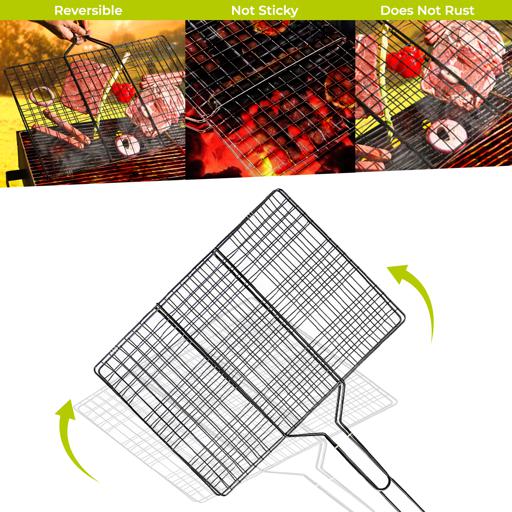 display image 4 for product Barbeque Grill Chromium Plated Iron RF10374 - Wooden Handle, Folding Portable BBQ Grill Basket for Fish Vegetables Shrimp, Larger Grilling Area