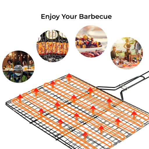 display image 8 for product Barbeque Grill Chromium Plated Iron RF10374 - Wooden Handle, Folding Portable BBQ Grill Basket for Fish Vegetables Shrimp, Larger Grilling Area