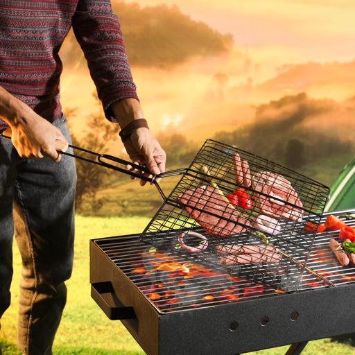 display image 2 for product Barbeque Grill Chromium Plated Iron RF10374 - Wooden Handle, Folding Portable BBQ Grill Basket for Fish Vegetables Shrimp, Larger Grilling Area