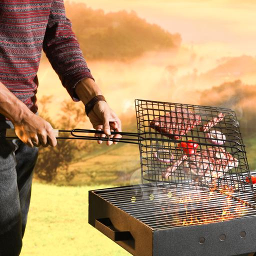 display image 2 for product Barbeque Grill Chromium Plated Iron, RF10380 - Wooden Handle, Folding Portable BBQ Grill Basket for Fish Vegetables Shrimp, Larger Grilling Area