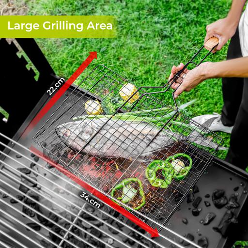 display image 8 for product Barbeque Grill Chromium Plated Iron with Handle, RF10385 | Folding Portable BBQ Grill for Fish Vegetables Shrimp | Larger Grilling Area | Durable E-Coating Black Painted